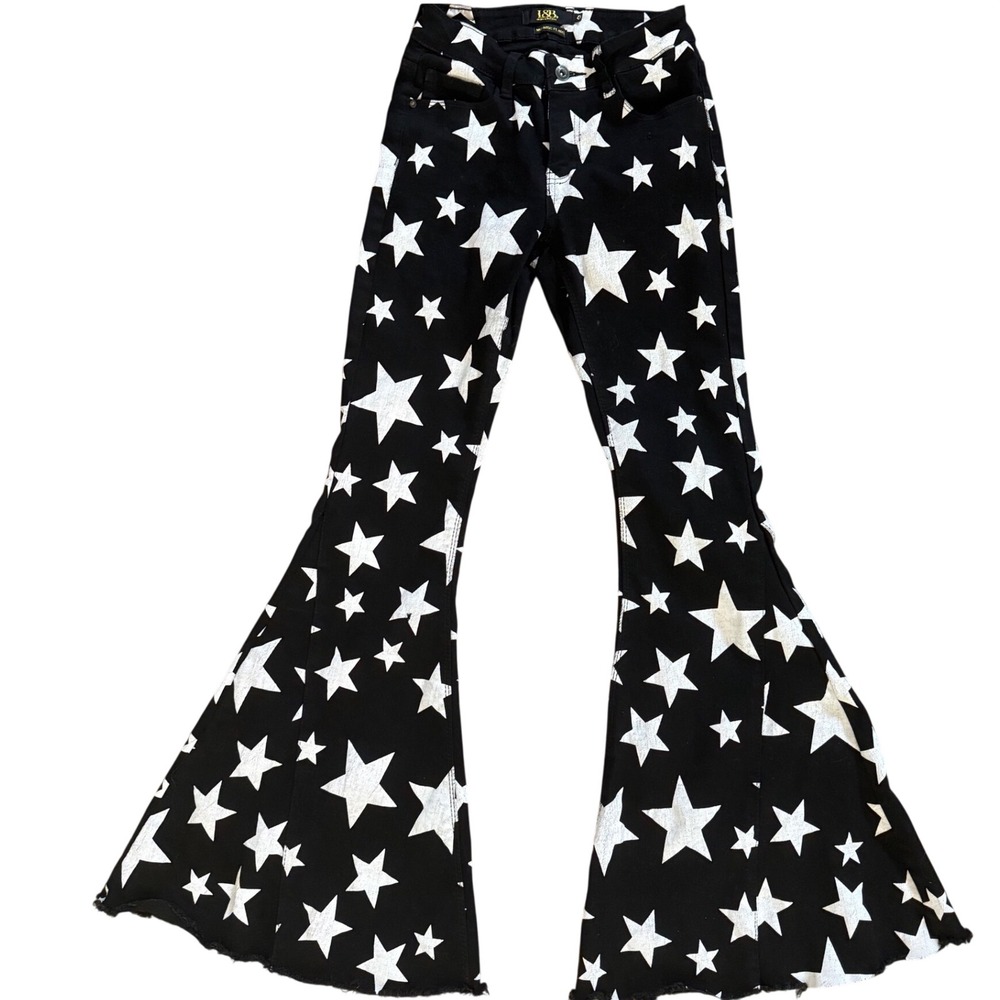 Lucky & Blessed Black White Star Print Mid Rise Flare Jeans Bell Bottoms L18018